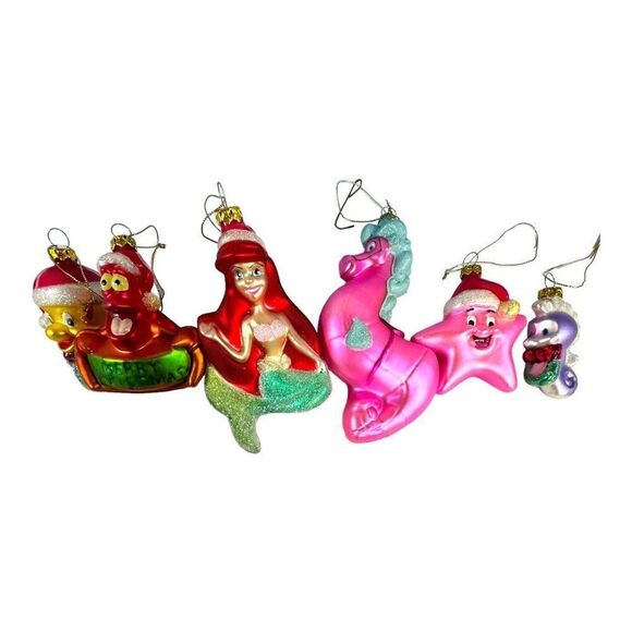 VTG Disney Little Mermaid Ariel & Friends Blown Glass Ornament Set of 6 In Box